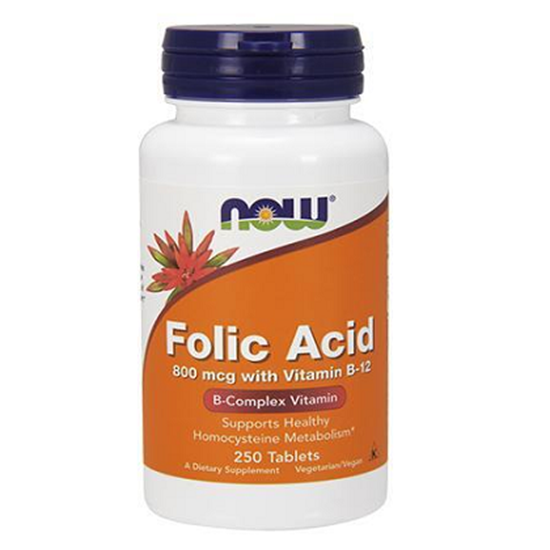 NOW FOODS/НАУ ФУДС FOLIC ACID/ФОЛИЕВА К-НА 800 МКГ С ВИТАМИН B-12 ТАБЛЕТКИ Х 250 БР.