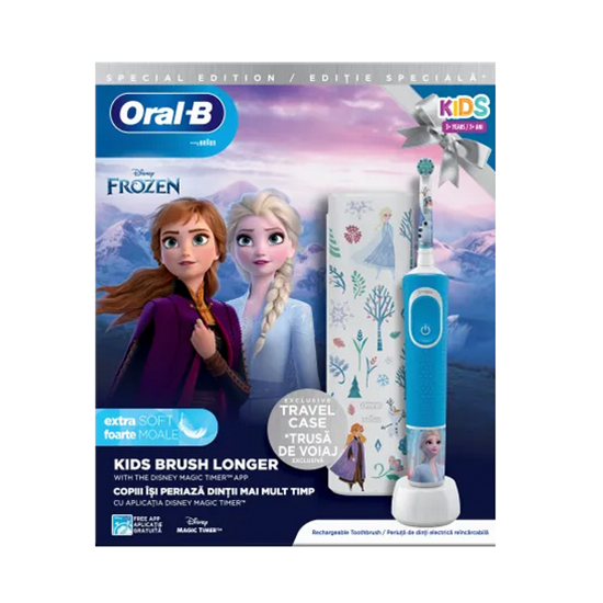 ORAL-B КОМПЛЕКТ FROZEN ЕЛЕКТРИЧЕСКА ЧЕТКА ЗА ЗЪБИ ЗА ДЕТЕ 3+ ГОД. С ПОДАРЪК КАЛЪФ